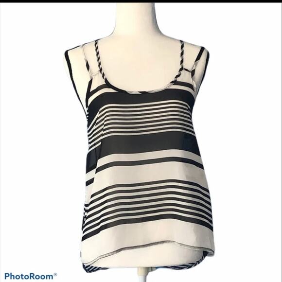 American Dream Sheer Tank Top Black and White Striped Size Small Double Strap - Picture 4 of 9